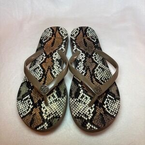Tory Burch Snakeskin Print Flip Flop Sandals Brown Olive Green Logo Medallion
